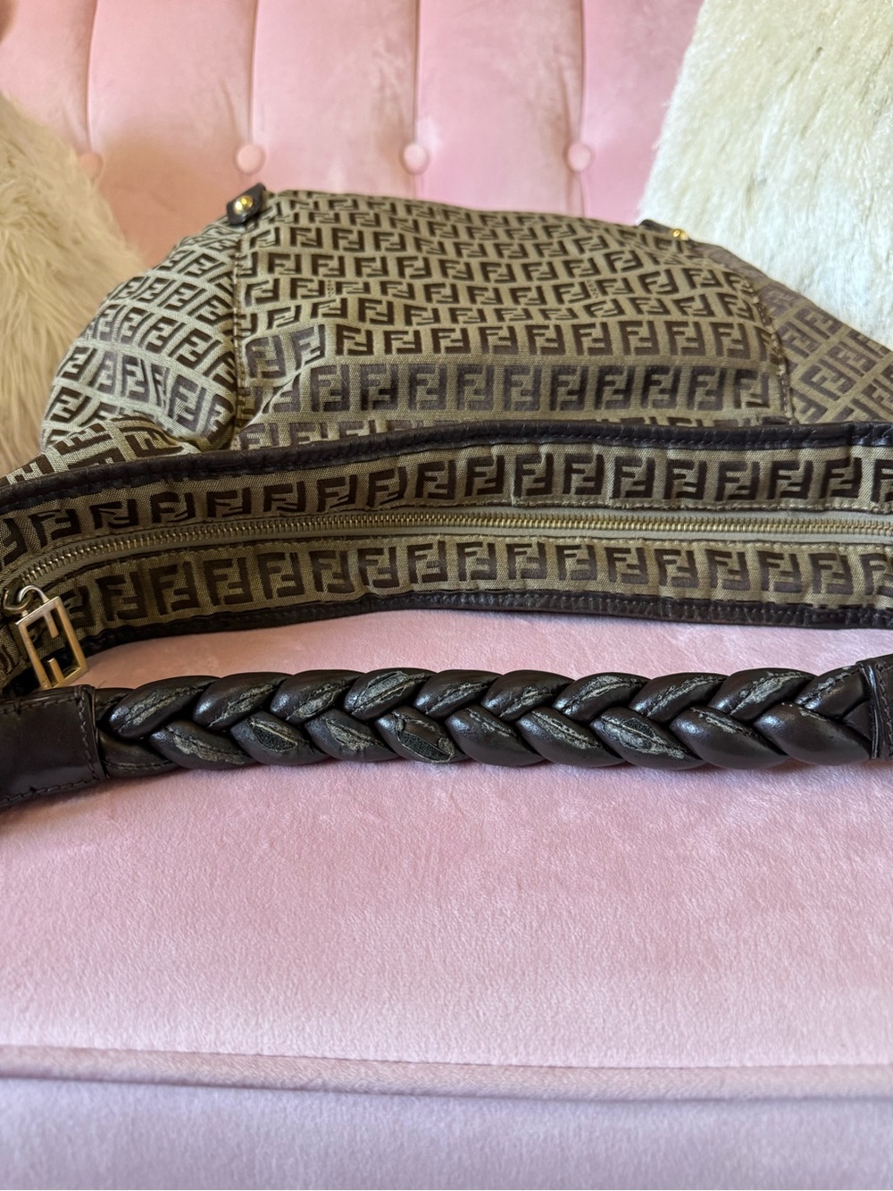 π―Auth! Vintage FENDI ZUCCHINO Shoulder Hobo Bag Canvas w Braided Leather Handle - Picture 5 of 16